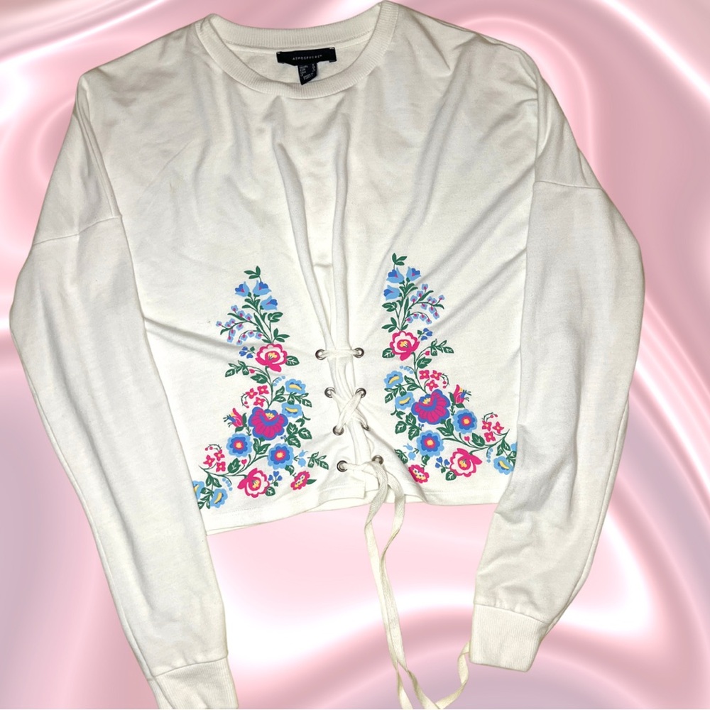 Atmosphere Floral “Embroidered” Retro Print Lace-Up Sweatshirt - Size 4